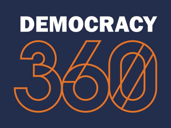 Democracy 360 logo with a blue background