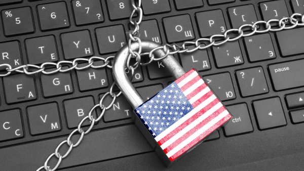 American flag-patterned padlock on a computer keyboard