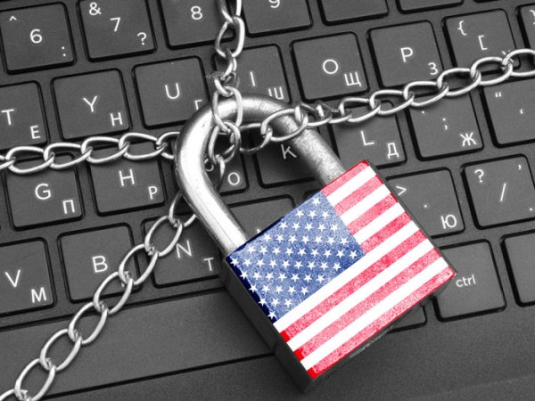American flag-patterned padlock on a computer keyboard