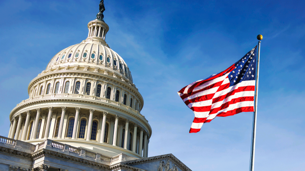 The Capitol Building in Washington DC, with flag flying 