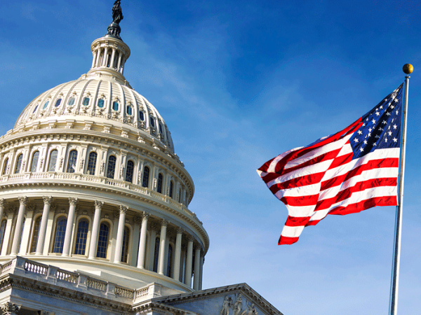 The Capitol Building in Washington DC, with flag flying 