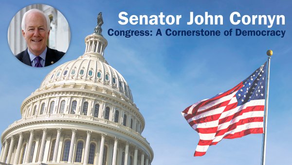 Photo of John Cornyn, the Capitol building, and the American flag