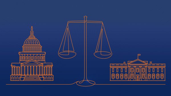 Illustration of a scale between the Capitol Building and the White House