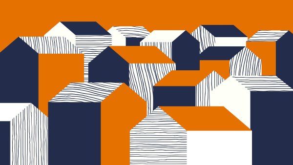 Illustration of houses in a neighborhood in UVA orange and blue
