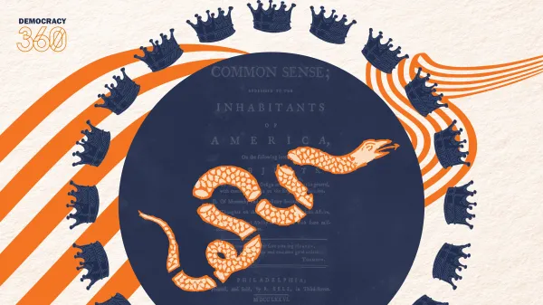 Benjamin Franklin's separated snake advertisement in front of a copy of Common Sense, surrounded by monarchical crowns.