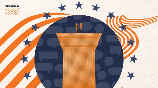 An empty podium with two microphones stands in front of a sea of conversation bubbles, surrounded by a ring of stars, inviting the public to come and express their opinions.