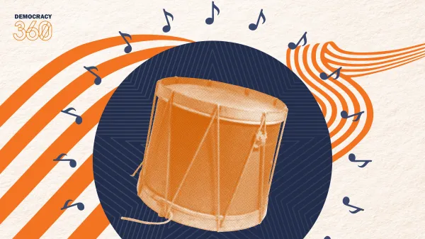 A revolutionary war era drum is depicted surrounded by a ring of quarter notes.