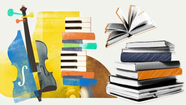 Photo illustration showing a stack of books, a violin, and a piano