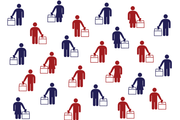 Graphics of human figures casting ballots in a ballot box