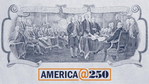 Illustration of founding fathers signing the Declaration of Independence