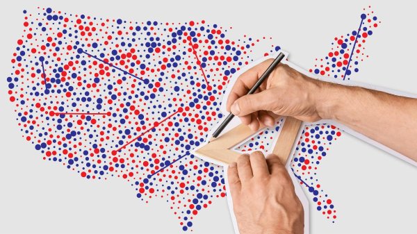 Graphic of hands redrawing lines on a blue and red map of the United States