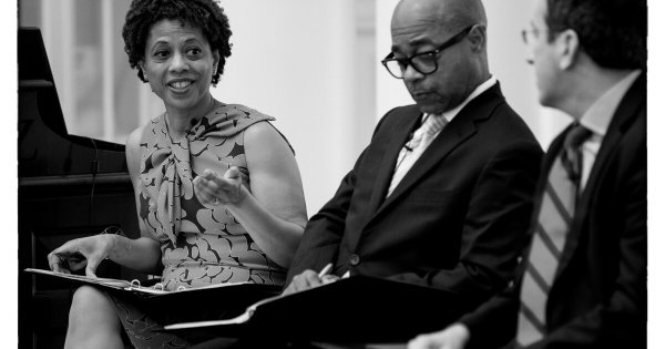 Melody Barnes, Executive director, University of Virginia’s Karsh Institute of Democracy, left, at a meeting at the University of Virginia.