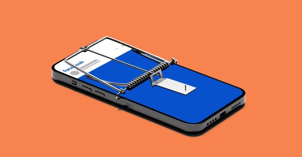 A mousetrap whose surface is a Facebook page, against an orange background.