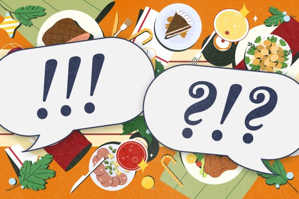 An illustrated table filled with various dishes, desserts, and utensils, with two large speech bubbles in the center—one containing exclamation marks and the other containing question marks—suggesting lively or conflicting conversation.