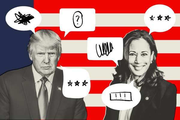 Illustration of presidential candidate Donald Trump on the right and Kamala Harris on the left, with a USA flag in the background.