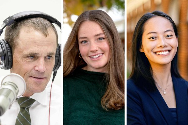 Portraits from left to right, UVA President Jim Ryan, Karly Scholz, and Desiree Ho