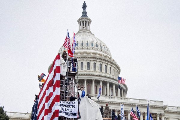 Capital Building in DC with protestors on scaffolding holding signs and American Flags