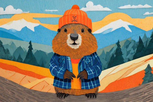 Illustration of a groundhog in UVA gear standing in the Blue Ridge Mountain area