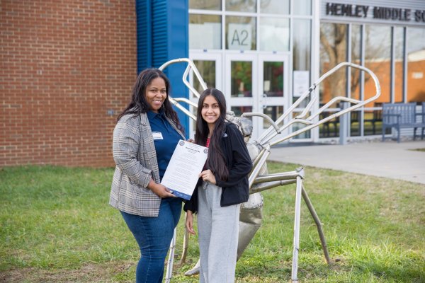 The Equity Center's Sherika Jones recognizes essay winner Aanya Sonkusare