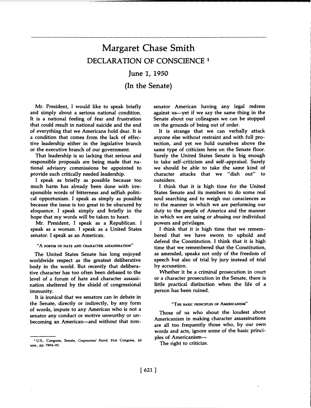 First page of Margaret Chase Smith's Declaration of Conscience