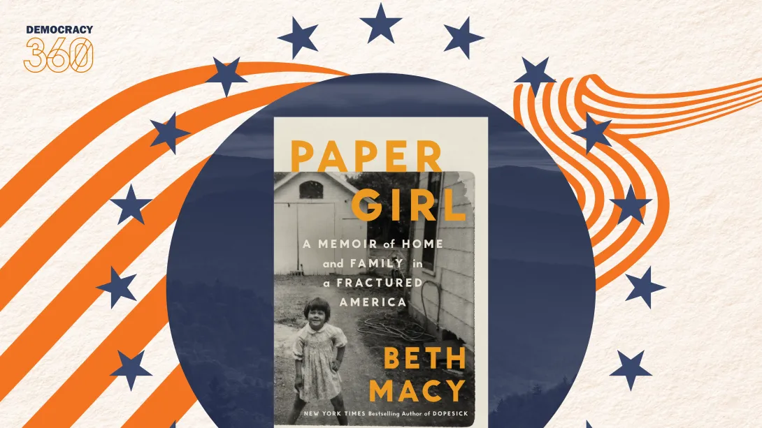 Beth Macy's Paper Girl cover surrounded by a circle of stars in front of dynamic, waving stripes.
