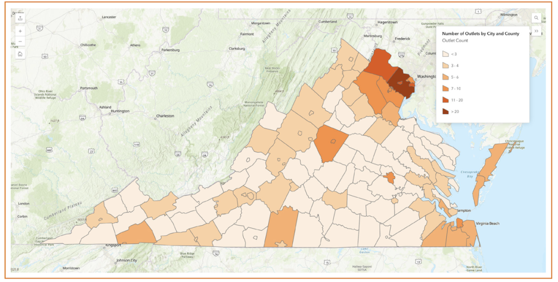 Map that shows the number of media outlets in each Virginia county