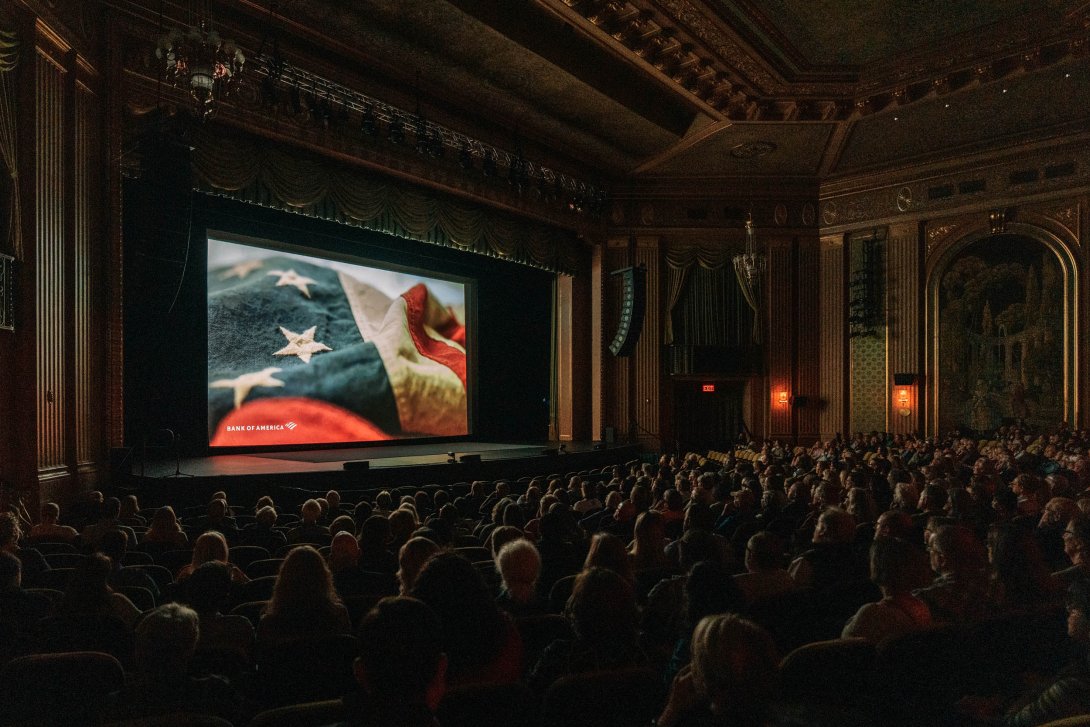 A packed audience views a preview of Ken Burns' new docuseries "The American Revolution."