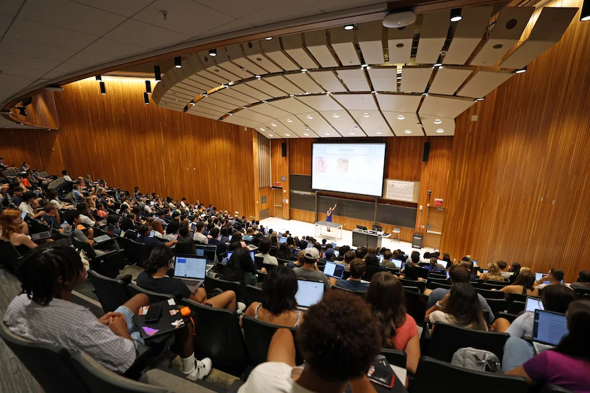 A classroom auditorium full of students