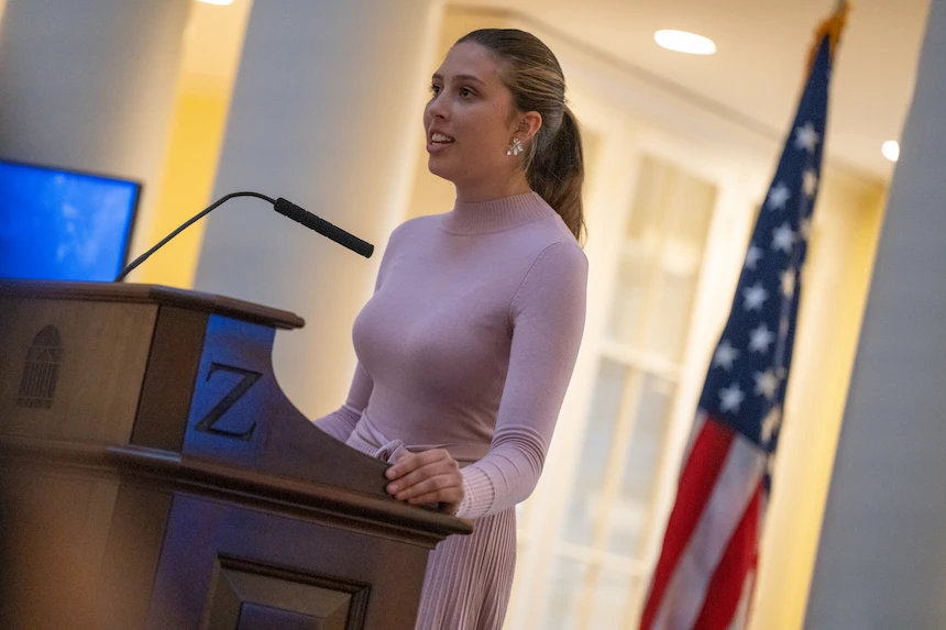 A student speaking at the 2023 Student Oratory Competition